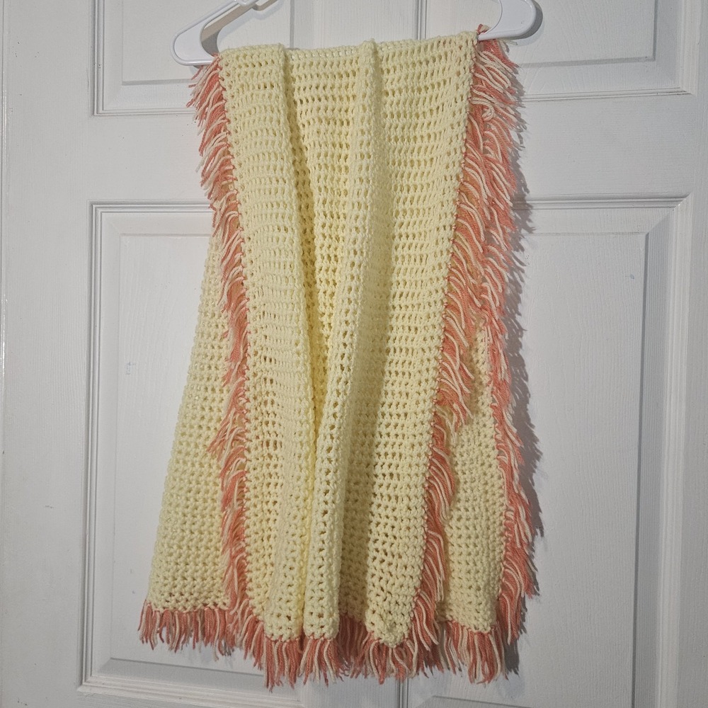 Chrochet Handmade Granny Shawl Lap Blanket Table Runner Yellow Coral Fringe - Picture 5 of 7